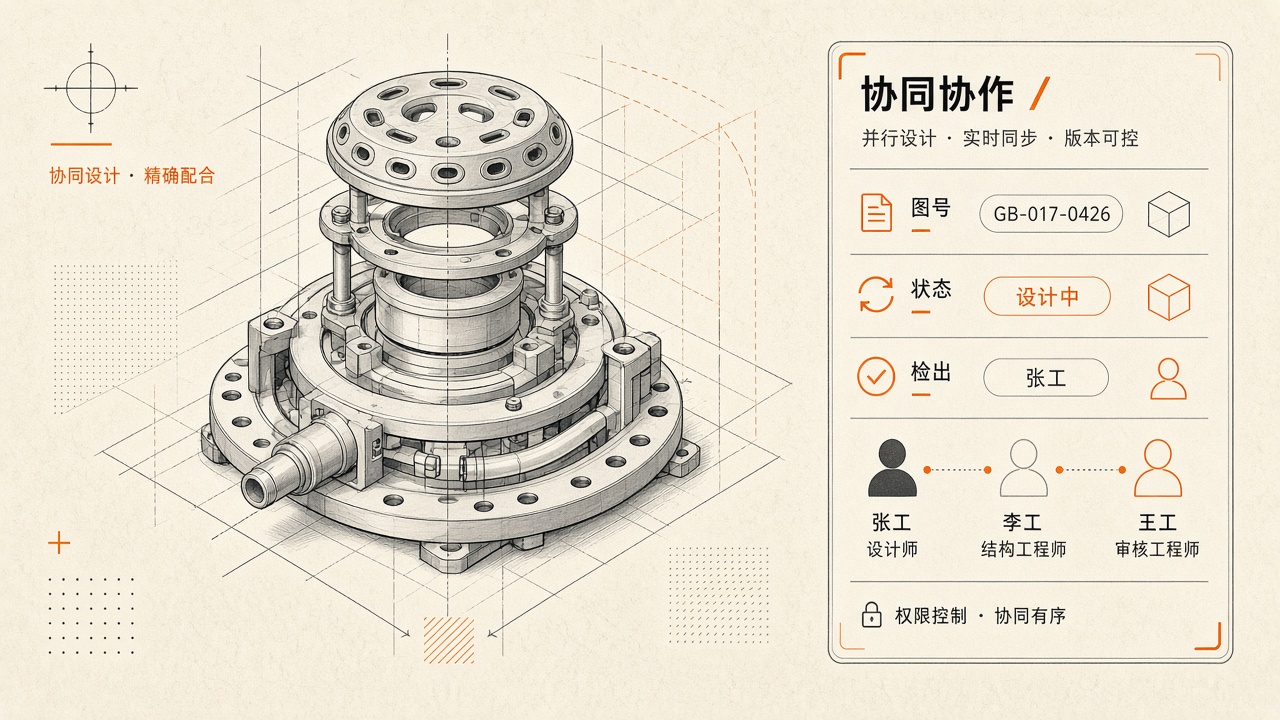 SolidWorks 协同概念示意：建模的同时能看到图号、状态和谁在改